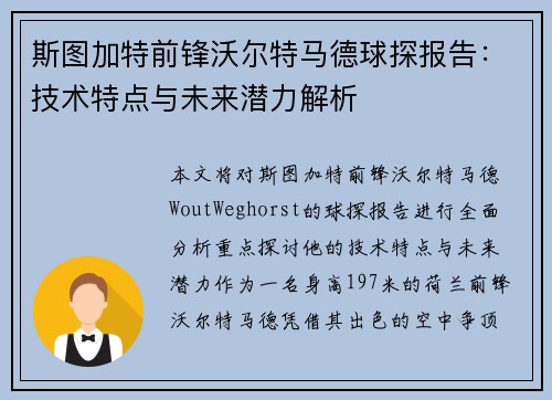 斯图加特前锋沃尔特马德球探报告：技术特点与未来潜力解析