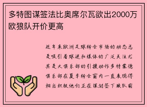 多特图谋签法比奥席尔瓦欲出2000万欧狼队开价更高