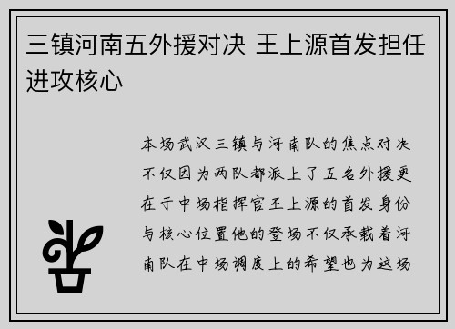 三镇河南五外援对决 王上源首发担任进攻核心