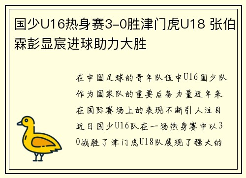 国少U16热身赛3-0胜津门虎U18 张伯霖彭显宸进球助力大胜